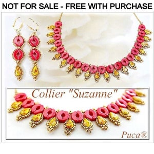 Könnte beinhalten: Eine rosafarbene und goldene Perlenkette mit passenden Ohrringen. Die Kette heißt "Collier "Suzanne" und ist aus PucA-Perlen gefertigt.