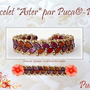 May include: A handcrafted bracelet with a unique design. The bracelet features a series of teardrop-shaped beads in shades of red and brown, accented with gold-colored beads. The text "Bracelet Aster par Puca®-Paris" is displayed at the top.