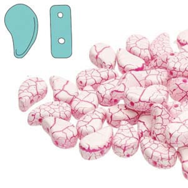 Paisley Duo Bead, Ionic White with Pink Crackle, 2 Hole Glass Beads, (02010-24603), 8x5mm, 30 count