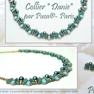 May include: A turquoise and gold beaded necklace with the text "Collier "Danie" par Puca®-Paris" and "Puca®" at the bottom of the image.