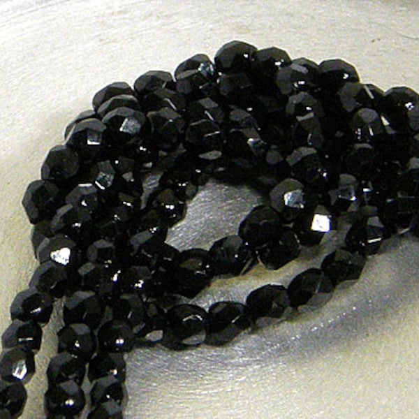 Fire Polish, Jet Black, 4mm Round Bead, (2398), 50 count