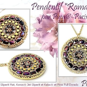 May include: A gold and purple beaded pendant necklace with a circular design. The pendant is labeled "Romance" and "Puca®-Paris".
