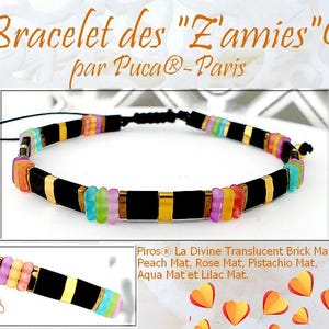 May include: A colorful bracelet with black, gold, and translucent beads. The bracelet is made with Piros La Divine Translucent Brick Mat, Peach Mat, Rose Mat, Pistachio Mat, Aqua Mat, and Lilac Mat.