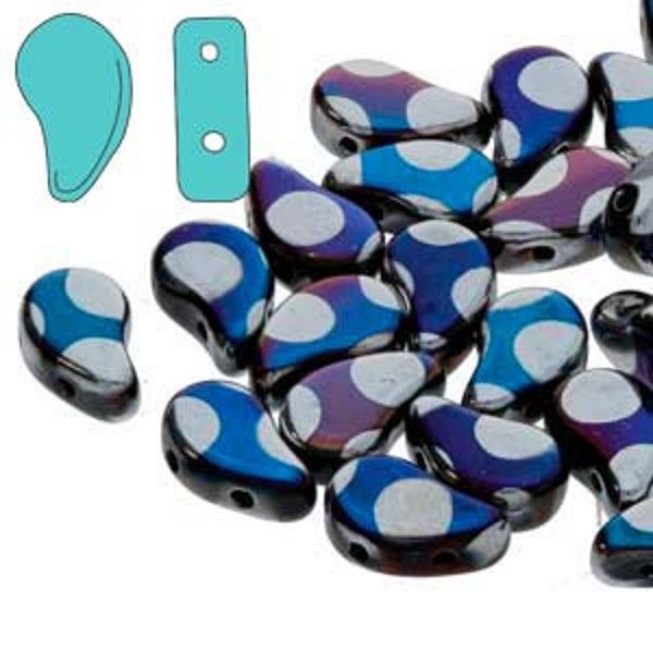 ON SALE Paisley Duo Bead, Jet Blue Moon Dot, 2 Hole Glass Beads, (23980-27915DO), 8x5mm, 30 count