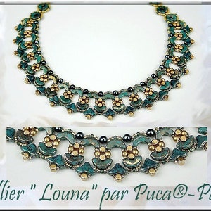 Può includere: Una collana di perline verdi e dorate con un design geometrico. La collana si chiama "Louma" ed è di Puc@-Paris.