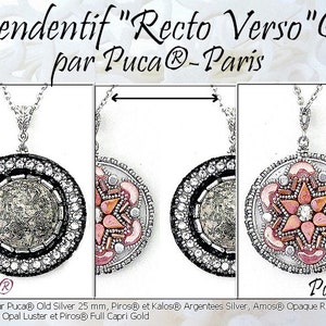 May include: A silver pendant necklace with a round, silver and black cabochon on one side and a pink and white beaded flower design on the other side. The pendant is 25 mm in diameter. The necklace is made by Puca® Paris.