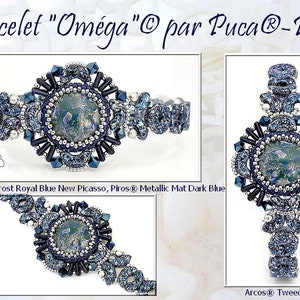 Puede incluir: Un brazalete de cuentas azules y plateadas con un gran cabujón redondo azul y verde en el centro. El brazalete está hecho con cuentas pequeñas y redondas y tiene un diseño delicado e intrincado. El texto "Bracelet "Oméga" par Puca®-Paris" es visible en la imagen.