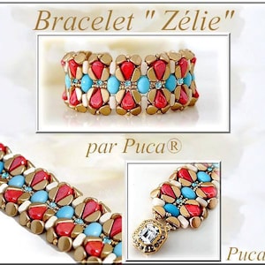 Op de afbeelding: Een gouden, rode, witte en turquoise kralenarmband met een kristallen bedel. De armband is gelabeld "Bracelet "Zélie" par PucA®".