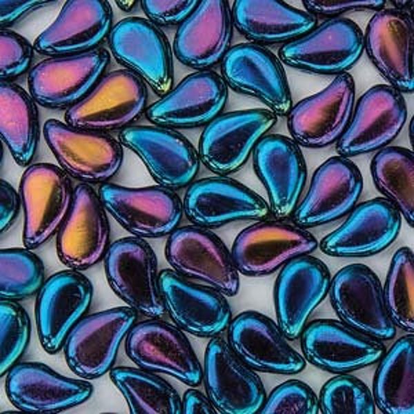 Paisley Duo Bead, Jet Blue Iris, 2 Hole Glass Beads, (23980-21435), 8x5mm, 30 count