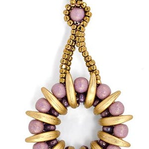May include: A gold and purple beaded necklace with a pendant featuring a circle of beads with a gold center.