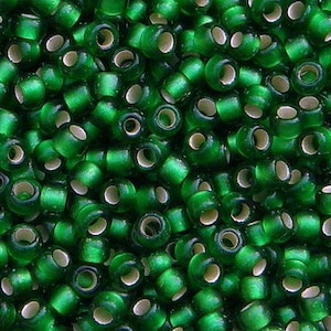 Toho 8/o Round Silver Lined Bright Green Matte (TR-8-27BF), choice of 10 grams or 23 grams