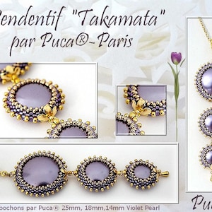 Pode incluir: Um colar de ouro com um pingente que tem três cabochões redondos de cor roxa, cada um rodeado por contas douradas. O pingente é etiquetado como "Takamata" e "Puca®-Paris". Os cabochões têm um diâmetro de 25 mm, 18 mm e 14 mm.