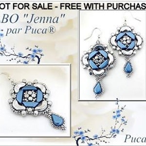 May include: A pair of blue and silver beaded earrings with a flower design. The earrings are labelled "BO "Jenna" par Puca®".