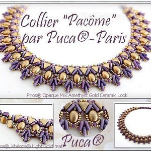 May include: A purple and gold beaded necklace with the text "Collier "Pacôme" par Puca®-Paris" and "Piros® Opaque Mix Amethyst Gold Ceramic Look" and "Puca®".