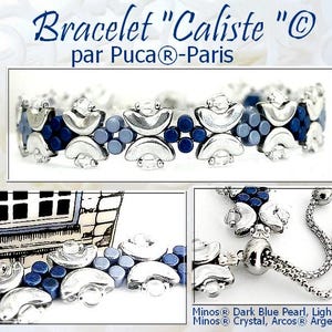 Peut inclure: Un bracelet en perles argentées et bleues avec un fermoir argenté et une chaîne argentée. Le bracelet est composé de perles bleu foncé, bleu clair et argentées. Le bracelet s'appelle "Caliste" et est fabriqué par Puca. Les perles sont en Minos Dark Blue Pearl, Light Blue Pearl, Minos Crystal et Arcos Argentees Silver.