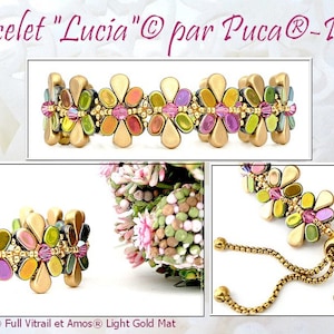 Könnte beinhalten: Ein goldenes Armband mit einem floralen Design aus mehrfarbigen Perlen. Das Armband hat einen Schiebeverschluss und ist aus Lipsi Full Vitrail und Amos Light Gold Mat Perlen gefertigt. Das Armband heißt "Lucia" und ist von Puca.