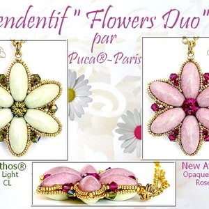 Könnte beinhalten: Zwei blütenförmige Anhänger, einer grün und einer rosa, mit einer goldenen Kette und Perlen. Die Anhänger sind aus New Athos Perlen gefertigt und mit "Flowers Duo" von Puca®-Paris gekennzeichnet.