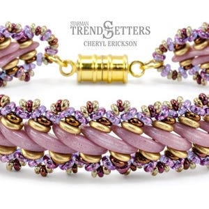 May include: A pink and gold beaded bracelet with a magnetic clasp. The bracelet features a twisted design with small purple and brown beads.