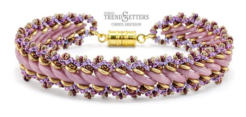 May include: A pink and gold beaded bracelet with a magnetic clasp. The bracelet features a twisted design with small purple and brown beads.