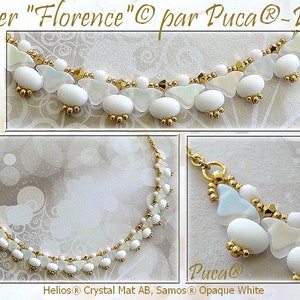 Könnte beinhalten: Eine weiße und goldene Halskette mit dem Text "Collier "Florence" par Puca®-Paris" und "Helios® Crystal Mat AB, Samos® Opaque White" unten.