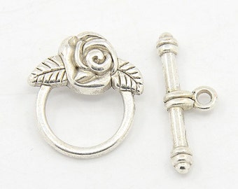 Antique Silver Finish Tibetan Style Rose Toggle Clasp (CLP-T-AS-3), 5 sets