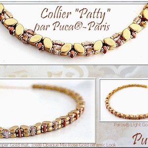 Op de afbeelding: Een gouden ketting met een bladvormig ontwerp, bestaande uit een mix van gouden en roségouden kralen. De ketting heet "Patty" en is gemaakt door Puca®-Paris.