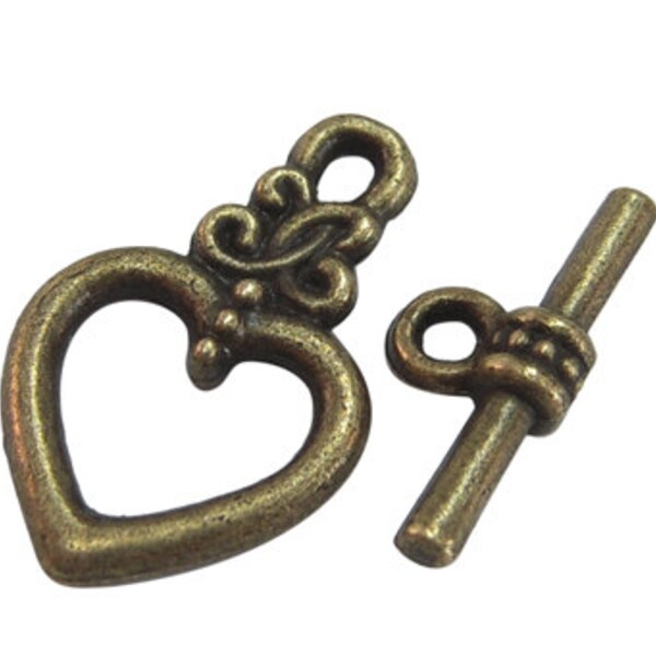 Toggle Clasp. Tibetan Style Heart & Dot Toggle Clasp, Antique Brass Bronze Finish Toggle Clasp, (CLP-T-AB-2), 5 sets