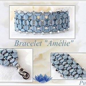 May include: A light blue beaded bracelet with a silver clasp. The bracelet is made with small round beads and has a geometric pattern. The bracelet is called "Amelié".