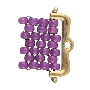 May include: A gold-toned clasp with a row of small, purple glass beads on each side. The clasp is designed for jewelry making.