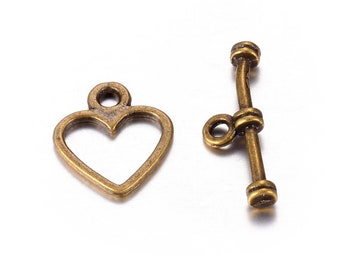 Toggle Clasp, Tibetan Style Heart Clasp, Antique Brass/Bronze Finish Clasp, (CLP-T-AB-7), 5 sets