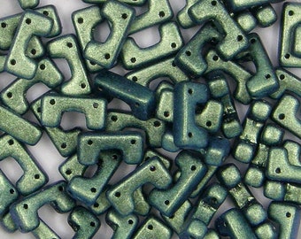 Telos® par Puca® - Perle Paris, turquoise vert mat métallique, 4 trous, 15 unités, 12 x 4 x 6 mm, 3 trous perle tchèque, (23980-94104)