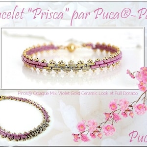 May include: A pink and gold bracelet with a clasp closure. The bracelet is made with small beads and has a delicate design. The bracelet is called "Prisca" and is by Puca® - Paris.