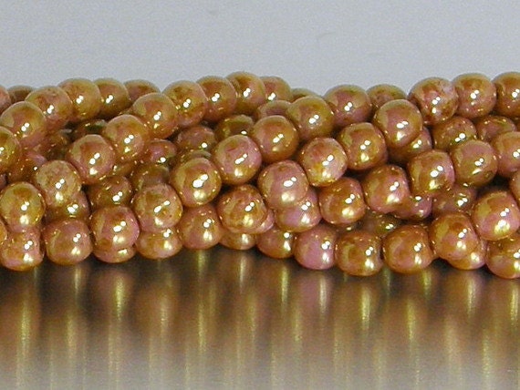 50 6mm Round Czech Pressed Glass Druk Beads Opaque Rose Gold Topaz Luster