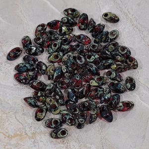 Miyuki, Long Magatama, Picasso Transparent Garnet, 4x7mm, Glass Seed Bead, (LMA-4504), 8.3 grams