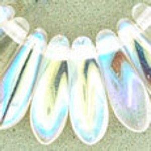 May include: A strand of iridescent glass beads in a teardrop shape. The beads are clear with a rainbow sheen.