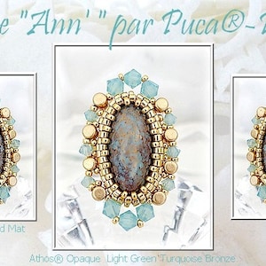 May include: A gold ring with a light green turquoise stone surrounded by gold beads and light blue crystals. The ring is labeled "Bague "Ann'" par Puca®-Paris".