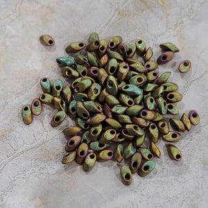 Miyuki, Long Magatama, Matte Metallic Khaki Iris, 4x7mm, Glass Seed Bead, (LMA-2035), 8.3 grams