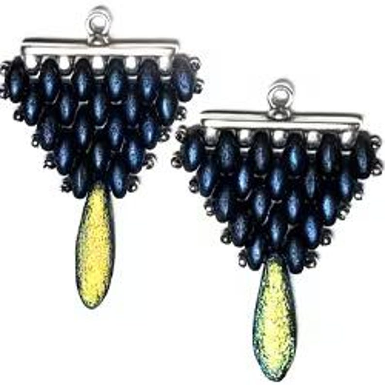 May include: A pair of dangle earrings with a triangular shape made of dark blue beads and a single yellow teardrop bead hanging from the bottom.