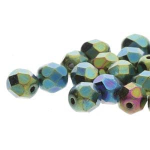 May include: A group of iridescent green faceted glass beads. The beads have a metallic sheen and are approximately 6mm in diameter.