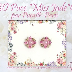May include: A pair of pink and gold earrings with a square design. The earrings are made with small beads and a pink ceramic cabochon. The earrings are on a white background with a floral border.