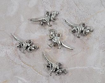 May include: Five silver dinosaur charms, each with a different pose. The charms are perfect for adding a touch of whimsy to jewelry or crafts.