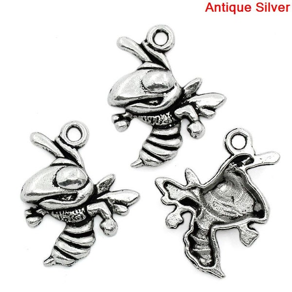 Yellow Jacket, Hornet, Bee Charm, Antique Silver Finish (CH-AS-15, 10 count
