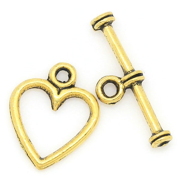 Toggle Clasp, Tibetan Style Heart Clasp, Antique Gold Clasp, (CLP-T-G-3), 5 sets