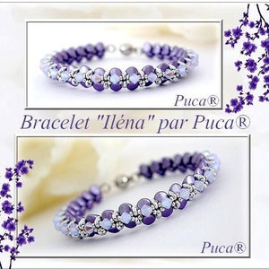 May include: Purple and white beaded bracelet with a silver clasp. The bracelet is labeled "Bracelet "Iléna" par Puca®".