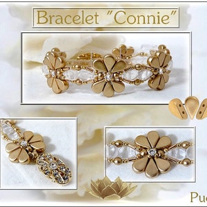 May include: Gold bracelet with a flower design, featuring clear beads and a crystal accent. The bracelet is labeled "Connie".