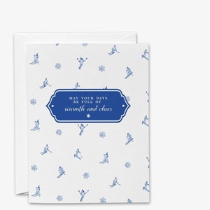 Blau-weiße Skifahrer-Grußkarte | Moderne Schneeflocken Karten | Apres Ski Design | Elegantes Weihnachtsbriefpapier-Set | Feiertags-Beifall-Grüße