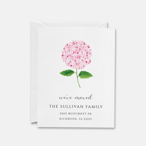 Roze bewegende aankondigingskaart van de hortensia | Adreswijzigingskaart | We hebben kaarten verplaatst | Nieuw huis | Gepersonaliseerd nieuw huis | Roze bloemen