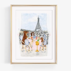 Dogs Brunching in Paris Art Print | Hand Painted Dog Lover Art | Eiffel Tower Scene Watercolor | French Bistro Art | Preppy | Hostess Gift