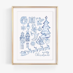 Könnte beinhalten: Blaue und weiße Weihnachts-Illustration mit verschiedenen festlichen Symbolen, darunter ein Weihnachtsbaum, Schmuck, ein Nussknacker, Rentiere, ein Strumpf, ein Kranz und eine Geschenkbox. Der Text "merry Christmas" steht am unteren Rand der Illustration.