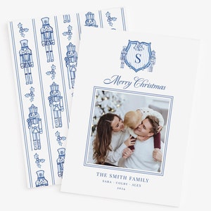 Weihnachtswappen Blue & White Weihnachtsfotokarte | Monogramm Familienfoto Karte | Aquarell Feiertags-Foto-Karte | 5 x 7 Professionell Gedruckt